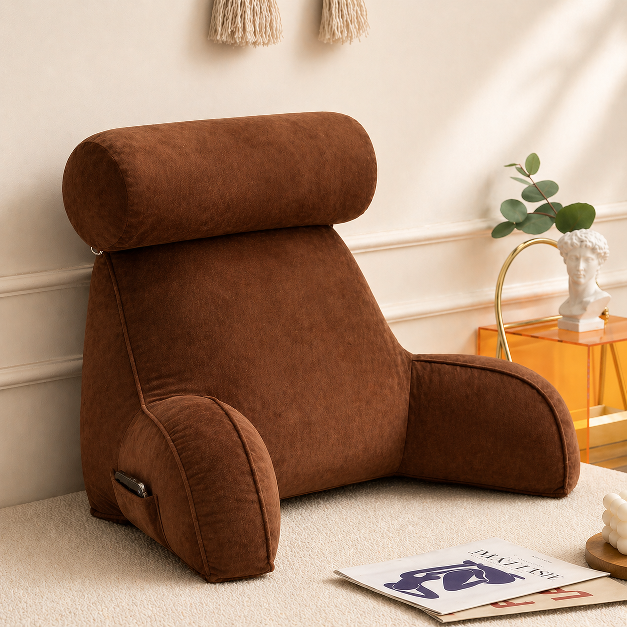 Backrest Pillow with Arms & Adjustable Headrest | Comfortable Support for Bed & Couch Relaxation