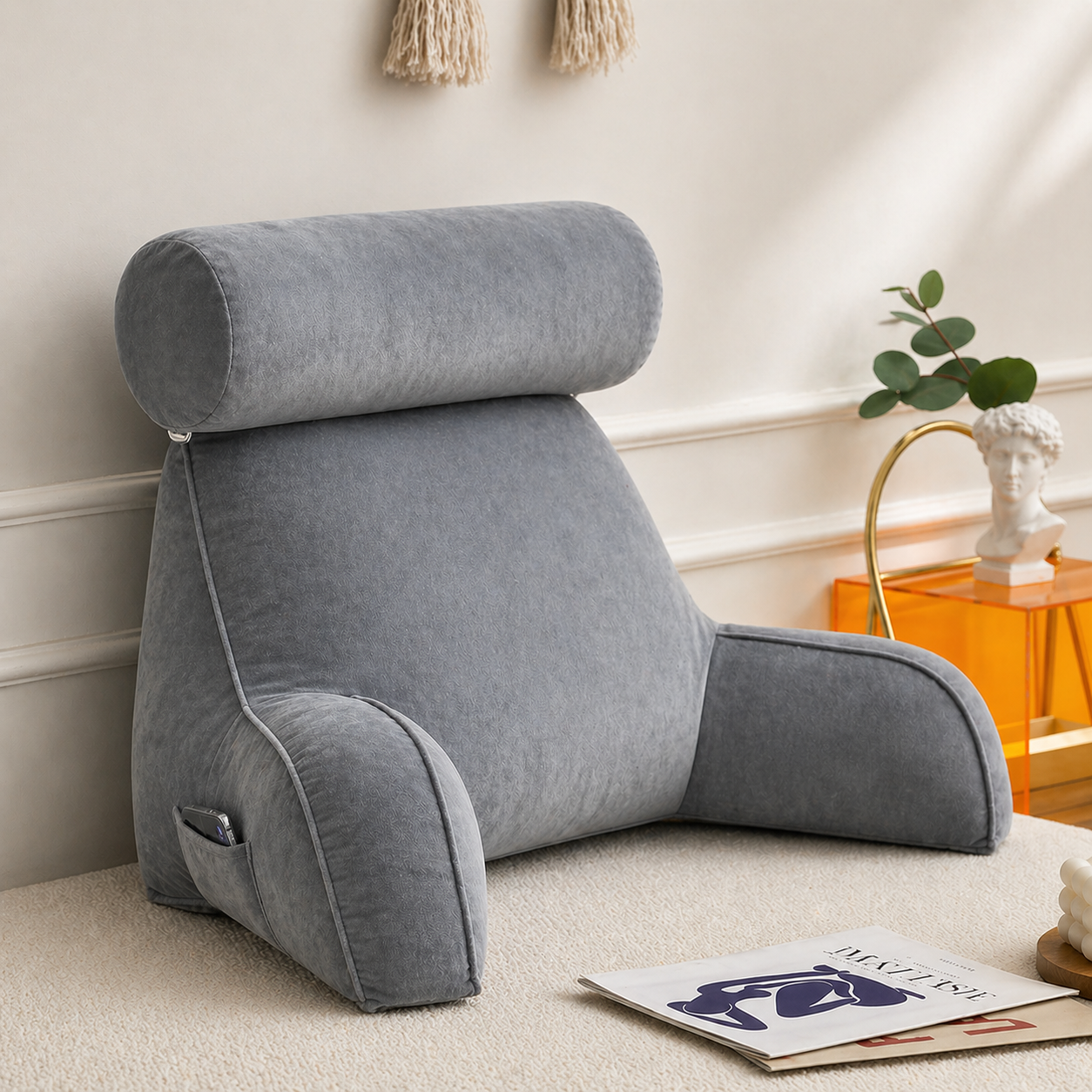 Backrest Pillow with Arms & Adjustable Headrest | Comfortable Support for Bed & Couch Relaxation
