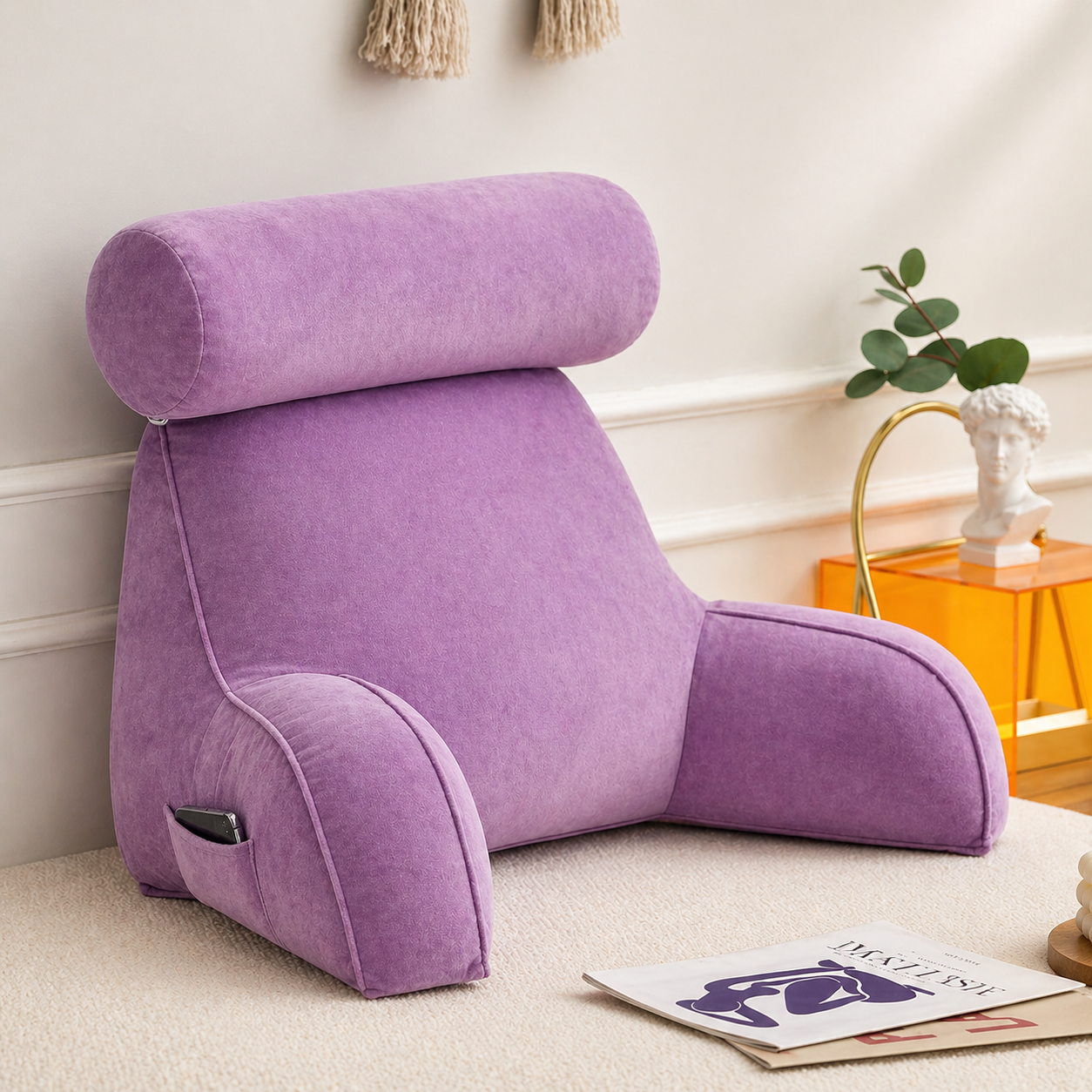Backrest Pillow with Arms & Adjustable Headrest | Comfortable Support for Bed & Couch Relaxation